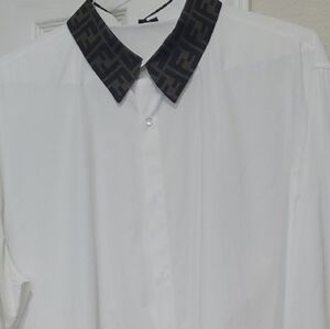 Fendi White Dress Shirt with Black Patterned Collar
